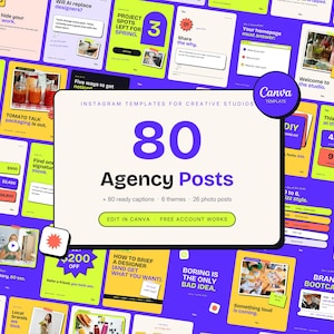 May include: A collection of 80 Instagram templates for creative studios, featuring a central white card with the text 80 Agency Posts, 80 ready captions, 6 themes, 26 photo posts, and Edit in Canva, Free Account Works, set against a purple background.