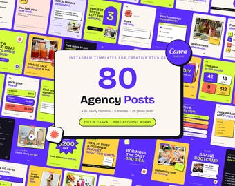 Puede incluir: Una colección de 80 plantillas de Instagram para estudios creativos, con una tarjeta central blanca con el texto 80 Agency Posts, 80 ready captions, 6 themes, 26 photo posts, y Edit in Canva, Free Account Works, sobre un fondo morado.