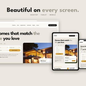 Op de afbeelding: Een website-interface getiteld Haven weergegeven op een desktopmonitor, tablet en smartphone. Het scherm bevat de tekst Beautiful on every screen en Homes that match the life you love, met zoekvelden en een afbeelding van een woning.