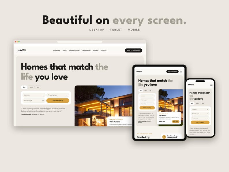 Op de afbeelding: Een website-interface getiteld Haven weergegeven op een desktopmonitor, tablet en smartphone. Het scherm bevat de tekst Beautiful on every screen en Homes that match the life you love, met zoekvelden en een afbeelding van een woning.