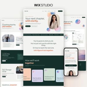 May include: A Wix Studio website design mockup featuring multiple desktop and mobile screen views for a career coaching service. The layout includes text headers like Your next chapter, with clarity, soft gradient spheres, and a portrait photo.