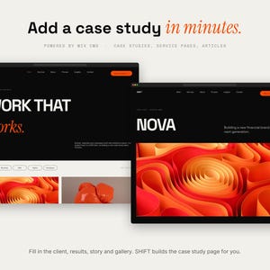 Peut inclure: Deux maquettes d'interface num&eacute;rique sur fond clair. L'&eacute;cran de gauche affiche le texte WORK THAT works. et celui de droite NOVA avec des graphiques abstraits en vagues orange et rouge. Les deux ont des fonds noirs et des boutons orange.