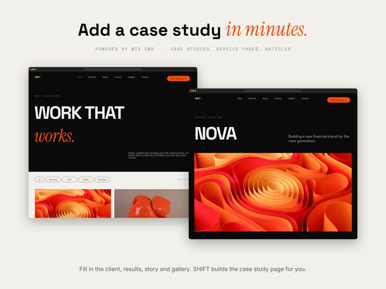 Peut inclure: Deux maquettes d'interface num&eacute;rique sur fond clair. L'&eacute;cran de gauche affiche le texte WORK THAT works. et celui de droite NOVA avec des graphiques abstraits en vagues orange et rouge. Les deux ont des fonds noirs et des boutons orange.