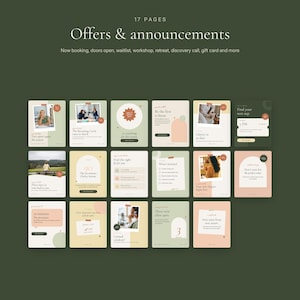 Puede incluir: Una colecci&oacute;n de 17 plantillas para redes sociales tituladas Offers & announcements, con diversos dise&ntilde;os en tonos pastel, formas geom&eacute;tricas, espacios para fotos y textos para reservas, talleres y retiros.