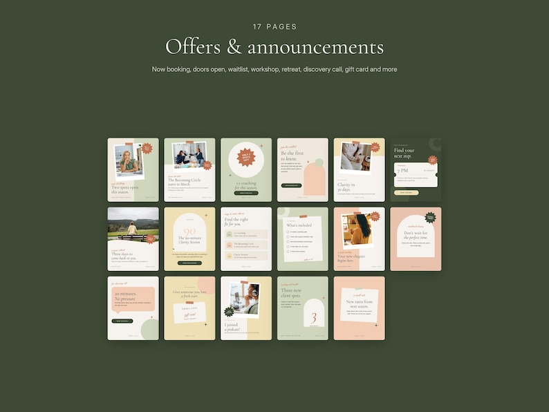 Puede incluir: Una colecci&oacute;n de 17 plantillas para redes sociales tituladas Offers & announcements, con diversos dise&ntilde;os en tonos pastel, formas geom&eacute;tricas, espacios para fotos y textos para reservas, talleres y retiros.