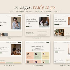 May include: A website template design featuring 19 pages with a neutral color palette. The layout includes sections for about, coaching, methods, testimonials, and contact forms, displaying various photographs of people and text headers.