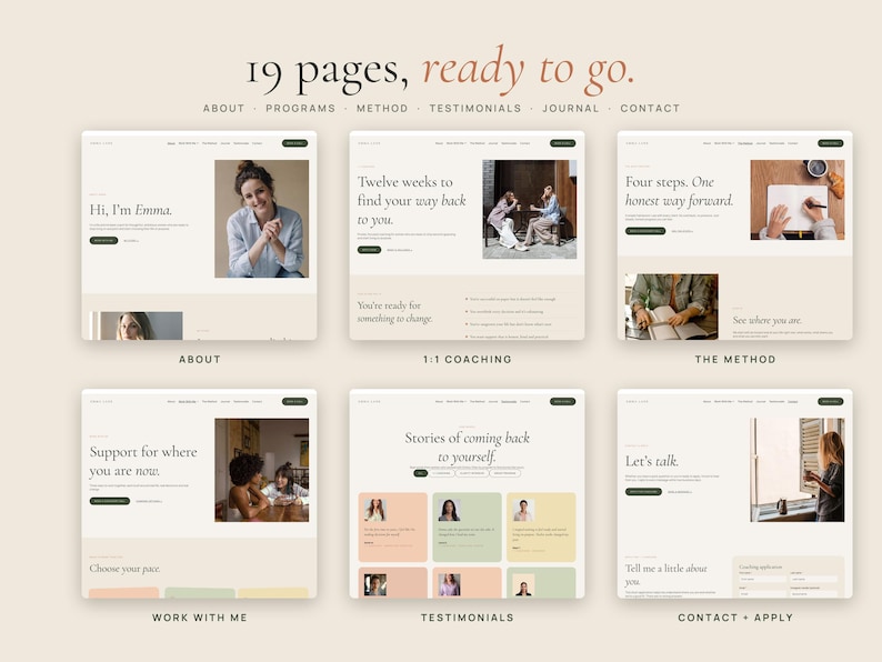 May include: A website template design featuring 19 pages with a neutral color palette. The layout includes sections for about, coaching, methods, testimonials, and contact forms, displaying various photographs of people and text headers.