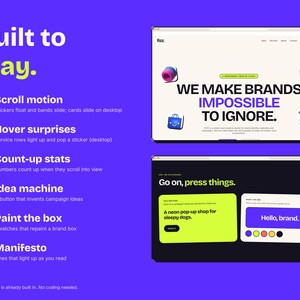 Pu&ograve; includere: Una presentazione digitale su sfondo viola con il testo Built to play e un elenco di sei funzionalit&agrave; web interattive. Due finestre del browser mostrano design di siti web con accenti verde neon, testo nero e icone 3D colorate.
