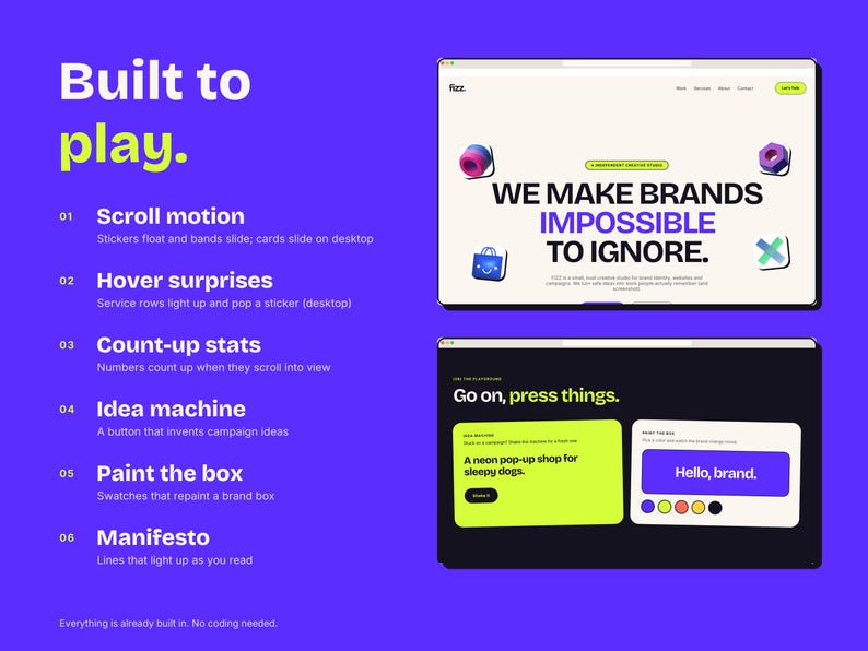 Pu&ograve; includere: Una presentazione digitale su sfondo viola con il testo Built to play e un elenco di sei funzionalit&agrave; web interattive. Due finestre del browser mostrano design di siti web con accenti verde neon, testo nero e icone 3D colorate.