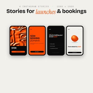 May include: Four digital smartphone screen templates for Instagram Stories featuring a black, white, and orange color scheme. The text reads Stories for launches & bookings, Orbit, NOW BOOKING Q1 projects, What's holding your brand back?, and From sketch to shelf.