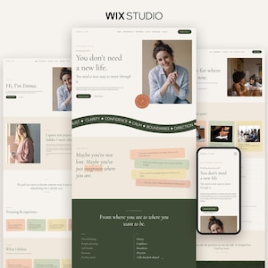 May include: A digital display of a website design featuring a neutral color palette with sage green accents. The layout includes photographs of a person, serif typography, and text blocks with the headings Hi, I'm Emma and You don't need a new life.