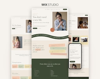 Può includere: Una visualizzazione digitale di un design di sito web con una tavolozza di colori neutri e accenti verde salvia. Il layout include fotografie di una persona, tipografia serif e blocchi di testo con i titoli Hi, I'm Emma e You don't need a new life.