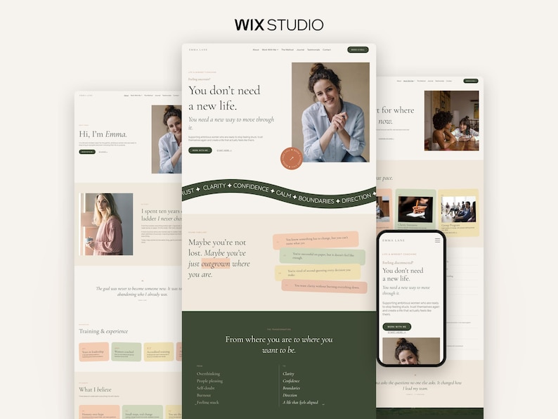 May include: A digital display of a website design featuring a neutral color palette with sage green accents. The layout includes photographs of a person, serif typography, and text blocks with the headings Hi, I'm Emma and You don't need a new life.