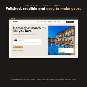 May include: A website design template titled HAVEN featuring a search bar, a navigation menu, and a large image of a modern two-story house with a swimming pool. The text reads Homes that match the life you love, Villa Amore, and $4,850,000.