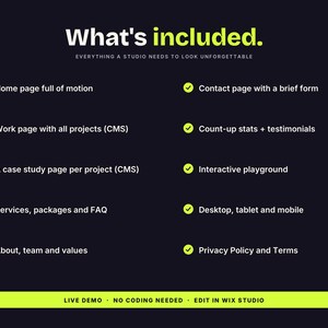 Pu&ograve; includere: Un grafico su sfondo scuro intitolato What's included. Everything a studio needs to look unforgettable. Elenca le funzionalit&agrave; con segni di spunta verdi: home page, pagina dei progetti, casi studio, servizi, team, contatti, statistiche, playground, design responsive e pagine legali.