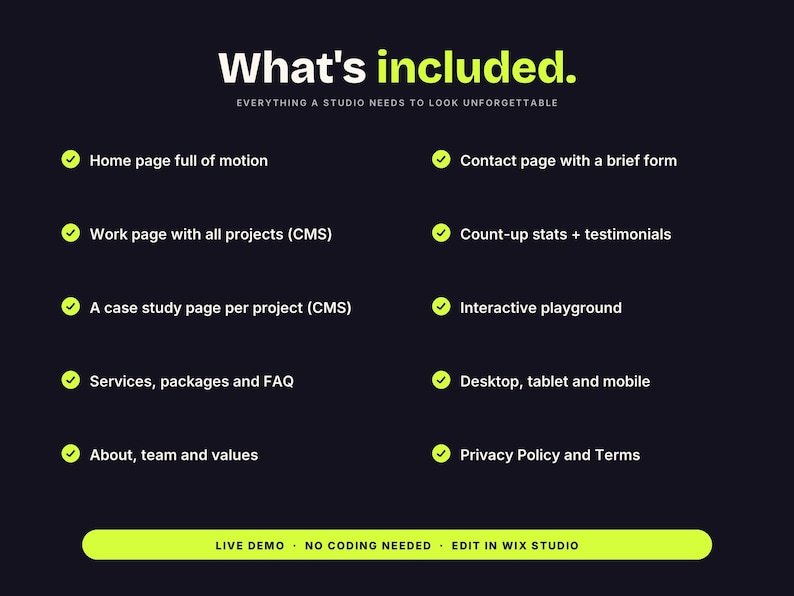 Pu&ograve; includere: Un grafico su sfondo scuro intitolato What's included. Everything a studio needs to look unforgettable. Elenca le funzionalit&agrave; con segni di spunta verdi: home page, pagina dei progetti, casi studio, servizi, team, contatti, statistiche, playground, design responsive e pagine legali.