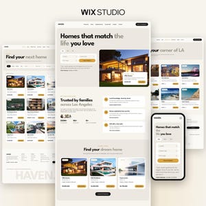 May include: A digital interface design for a real estate website titled Haven, displayed across multiple desktop and mobile screen layouts. The layout features property listings, search filters, and house imagery with a neutral color palette.