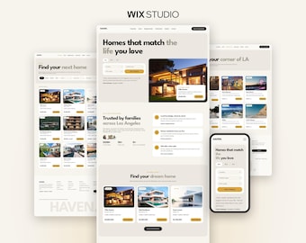 May include: A digital interface design for a real estate website titled Haven, displayed across multiple desktop and mobile screen layouts. The layout features property listings, search filters, and house imagery with a neutral color palette.