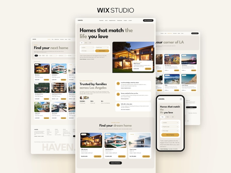 Op de afbeelding: Een digitaal interface-ontwerp voor een vastgoedwebsite genaamd Haven, weergegeven op verschillende desktop- en mobiele lay-outs. Het ontwerp bevat vastgoedvermeldingen, zoekfilters en afbeeldingen van huizen in een neutraal kleurenpalet.