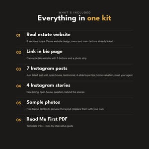 May include: A black digital information graphic titled Everything in one kit, listing six components: a real estate website, a link in bio page, seven Instagram posts, four Instagram stories, sample photos, and a Read Me First PDF guide.