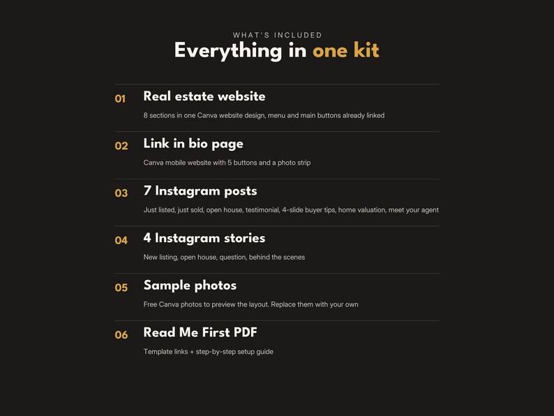 May include: A black digital information graphic titled Everything in one kit, listing six components: a real estate website, a link in bio page, seven Instagram posts, four Instagram stories, sample photos, and a Read Me First PDF guide.