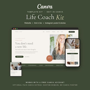 May include: A digital template kit for a life coach website and social media, featuring a desktop interface, a mobile phone screen, and a square post graphic. The design uses a cream background with dark green accents and serif typography.
