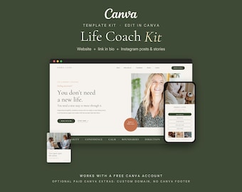 May include: A digital template kit for a life coach website and social media, featuring a desktop interface, a mobile phone screen, and a square post graphic. The design uses a cream background with dark green accents and serif typography.