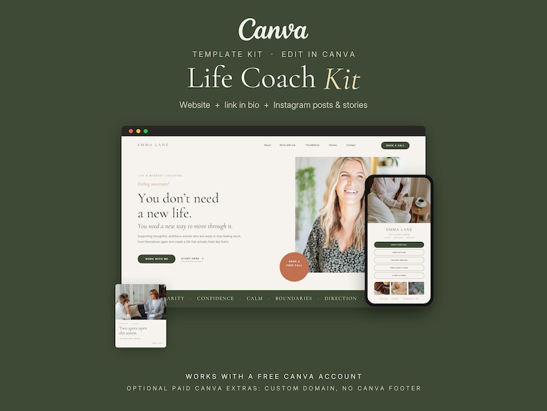 Pode incluir: Um kit de modelos digitais para um site de coach de vida e redes sociais, apresentando uma interface de desktop, uma tela de celular e um gr&aacute;fico quadrado. O design usa um fundo creme com detalhes em verde escuro e tipografia serifada.