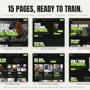 May include: A digital collection of 15 website page templates for fitness training, featuring a black background with lime green text. The layout includes sections for personal training, online coaching, group classes, programs, results, and booking.