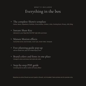 May include: A black digital information graphic with white text titled What's Included Everything in the box. It lists features of a Showit template including an Instant Share Key, Maison Motion effects, a planning guide pop-up, brand colors, and a PDF guide.
