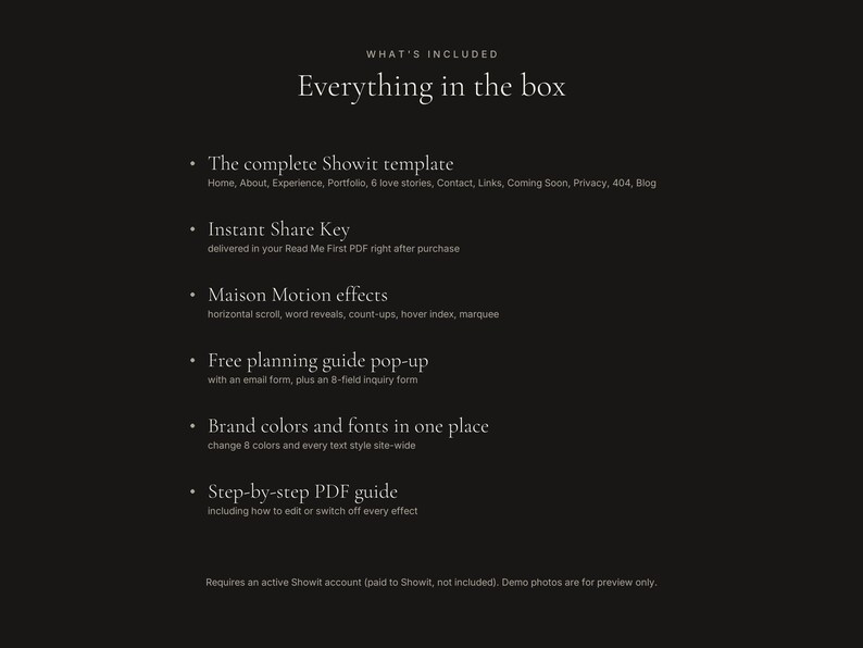 May include: A black digital information graphic with white text titled What's Included Everything in the box. It lists features of a Showit template including an Instant Share Key, Maison Motion effects, a planning guide pop-up, brand colors, and a PDF guide.