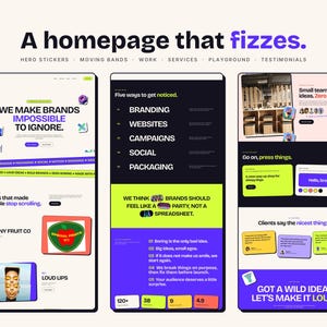 Pu&ograve; includere: Un layout di design per siti web con tre pannelli verticali in una combinazione di colori nero, bianco e verde lime. Il testo include 'A homepage that fizzes', 'WE MAKE BRANDS IMPOSSIBLE TO IGNORE', 'Five ways to get noticed' e 'GOT A WILD IDEA? LET'S MAKE IT LOUD.'