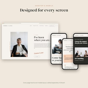 May include: A digital website template display featuring a desktop interface and three mobile screens for Emma Lane. The designs include text headers like Designed for every screen, I've been where you are, and 1:1 Coaching, showcasing layout examples.