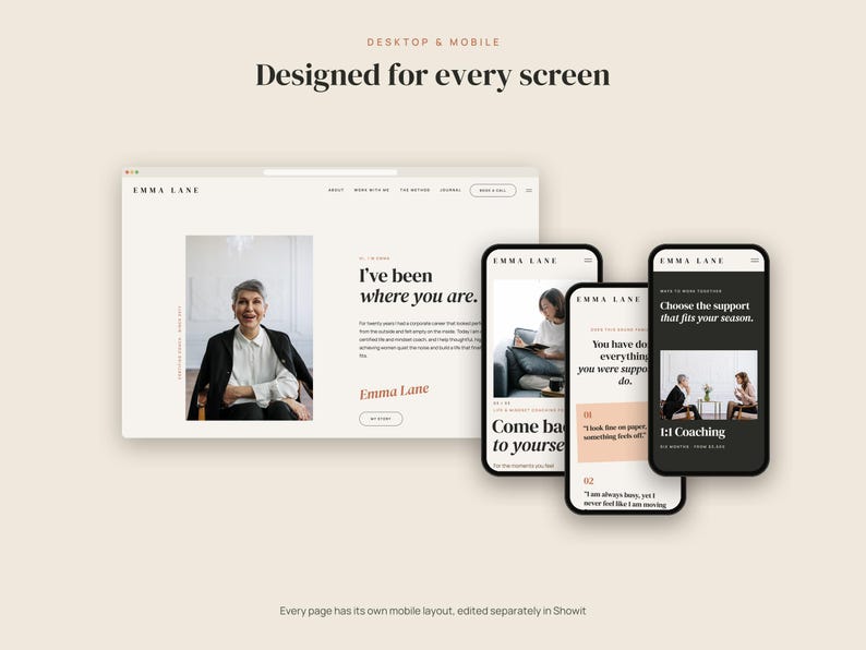May include: A digital website template display featuring a desktop interface and three mobile screens for Emma Lane. The designs include text headers like Designed for every screen, I've been where you are, and 1:1 Coaching, showcasing layout examples.