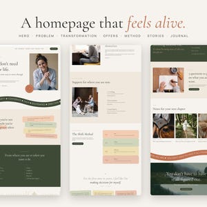 May include: A website design layout featuring three vertical panels with a color palette of olive green, cream, and soft peach. The text reads A homepage that feels alive, You don't need a new life, The Skills Method, and You don't have to have it all figured out.