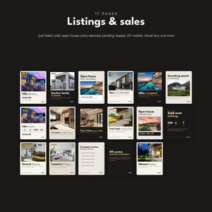May include: A collection of 17 digital real estate marketing templates displayed on a dark background. The templates feature various layouts for property listings, open house announcements, price reductions, and sales updates with text and imagery.