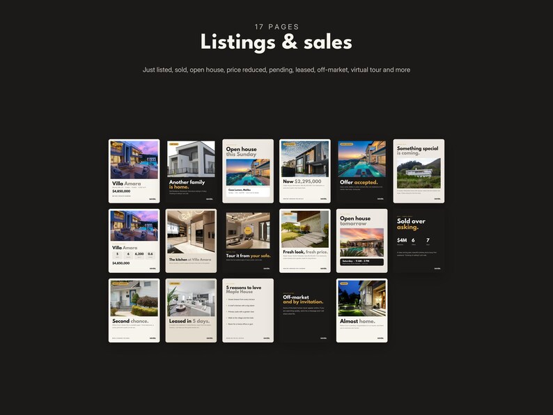 May include: A collection of 17 digital real estate marketing templates displayed on a dark background. The templates feature various layouts for property listings, open house announcements, price reductions, and sales updates with text and imagery.