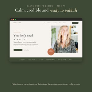 Pode incluir: Um modelo de design de site com fundo creme e detalhes em verde escuro. O layout inclui o texto 'You don't need a new life. You need a new way to move through it.' e uma fotografia de uma pessoa sorridente vestindo uma blusa floral.