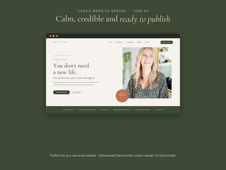 Pode incluir: Um modelo de design de site com fundo creme e detalhes em verde escuro. O layout inclui o texto 'You don't need a new life. You need a new way to move through it.' e uma fotografia de uma pessoa sorridente vestindo uma blusa floral.