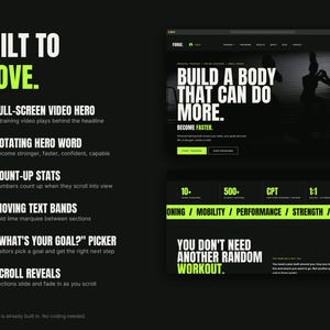 May include: A digital interface design presentation titled BUILT TO MOVE, featuring a black background with lime green text. It displays website layout examples including a hero section with a video, statistics, and a marquee text band.