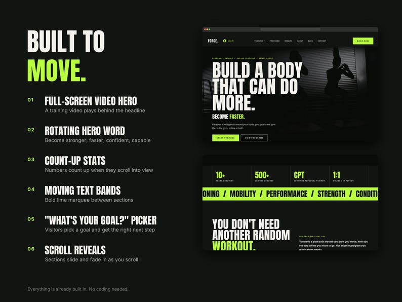 May include: A digital interface design presentation titled BUILT TO MOVE, featuring a black background with lime green text. It displays website layout examples including a hero section with a video, statistics, and a marquee text band.