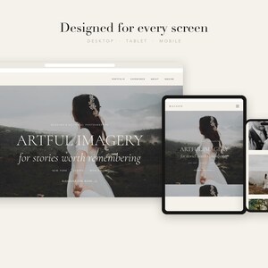 May include: A website template display featuring the text Designed for every screen, Desktop, Tablet, Mobile, and Maison. The layout shows a photography portfolio with the text Artful Imagery for stories worth remembering, showcasing a person in a white dress.