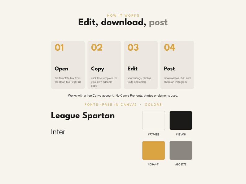 May include: An instructional graphic titled Edit, download, post, outlining four steps: Open, Copy, Edit, and Post. It lists font names League Spartan and Inter, and displays a color palette with four squares labeled #F7F4EE, #1B1A1B, #D9A441, and #8C877E.