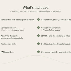 Pode incluir: Uma lista de funcionalidades de site intitulada What's included, Everything you need to launch a professional practice website. As funcionalidades incluem sec&ccedil;&atilde;o hero, servi&ccedil;os, biografia, testemunhos, FAQ, contacto, acessibilidade, SEO e layouts.