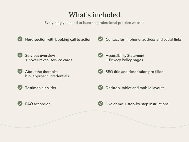 Pode incluir: Uma lista de funcionalidades de site intitulada What's included, Everything you need to launch a professional practice website. As funcionalidades incluem sec&ccedil;&atilde;o hero, servi&ccedil;os, biografia, testemunhos, FAQ, contacto, acessibilidade, SEO e layouts.