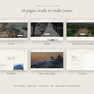 May include: A digital website template collection featuring 18 pages with layouts for Home, About, Experience & pricing, Portfolio, 6 love story pages, and Contact. The design includes neutral tones, serif typography, and placeholders for imagery.