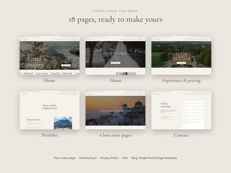 May include: A digital website template collection featuring 18 pages with layouts for Home, About, Experience & pricing, Portfolio, 6 love story pages, and Contact. The design includes neutral tones, serif typography, and placeholders for imagery.