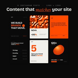 May include: A digital collection of six Instagram post templates featuring a black, white, and orange color scheme. The designs include bold typography, abstract liquid textures, and minimalist layouts with text such as WE BUILD BRANDS THAT MOVE.