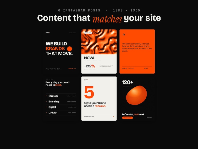May include: A digital collection of six Instagram post templates featuring a black, white, and orange color scheme. The designs include bold typography, abstract liquid textures, and minimalist layouts with text such as WE BUILD BRANDS THAT MOVE.