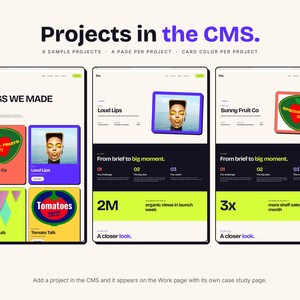 Pu&ograve; includere: Un'interfaccia digitale che mostra tre layout di pagine web intitolati Projects in the CMS. Gli schermi presentano schede di progetto colorate con testo che include Sunny Fruit Co, Loud Lips, Geometry Lab e Tomato Talk, insieme a metriche come 2M organic views e 3x more shelf sales.